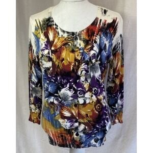 Joseph A. Women Petite Medium Cardigan Sweater Floral Painterly 3/4 Sleeve PM